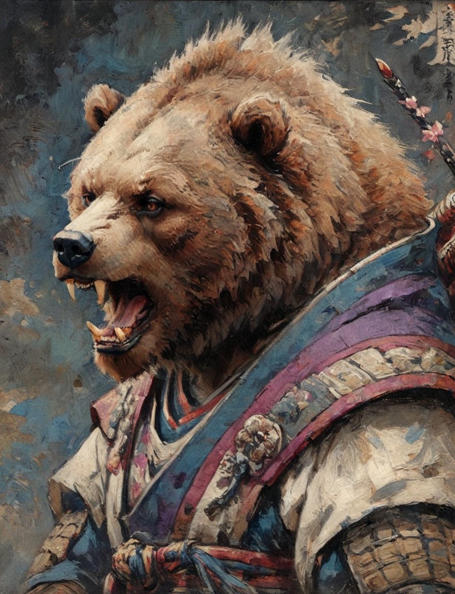 (close up, head and shoulders portrait:1.3), (anthromorphic grizzly bear :1.6), oni_horns, samurai , samurai armor , brown, blue, violet , white and black color scheme , (dark background:1.2), Ukiyo-e,ink,colorful,shogun