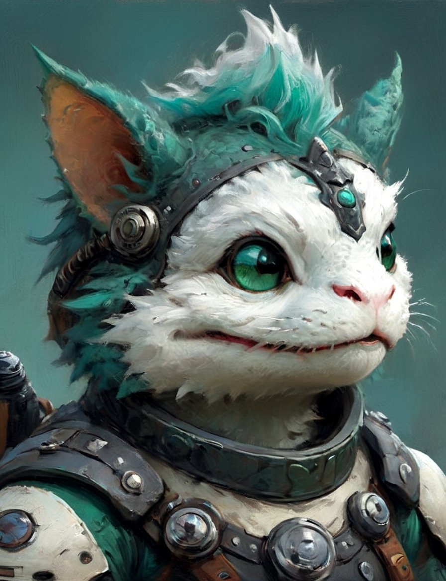 (close up, head and shoulders portrait:1.3), anthromorphic ( toad cat :1.2) dragon, futuristic power armor, bounty hunter , green, teal, white and black color scheme , Disney pixar style
