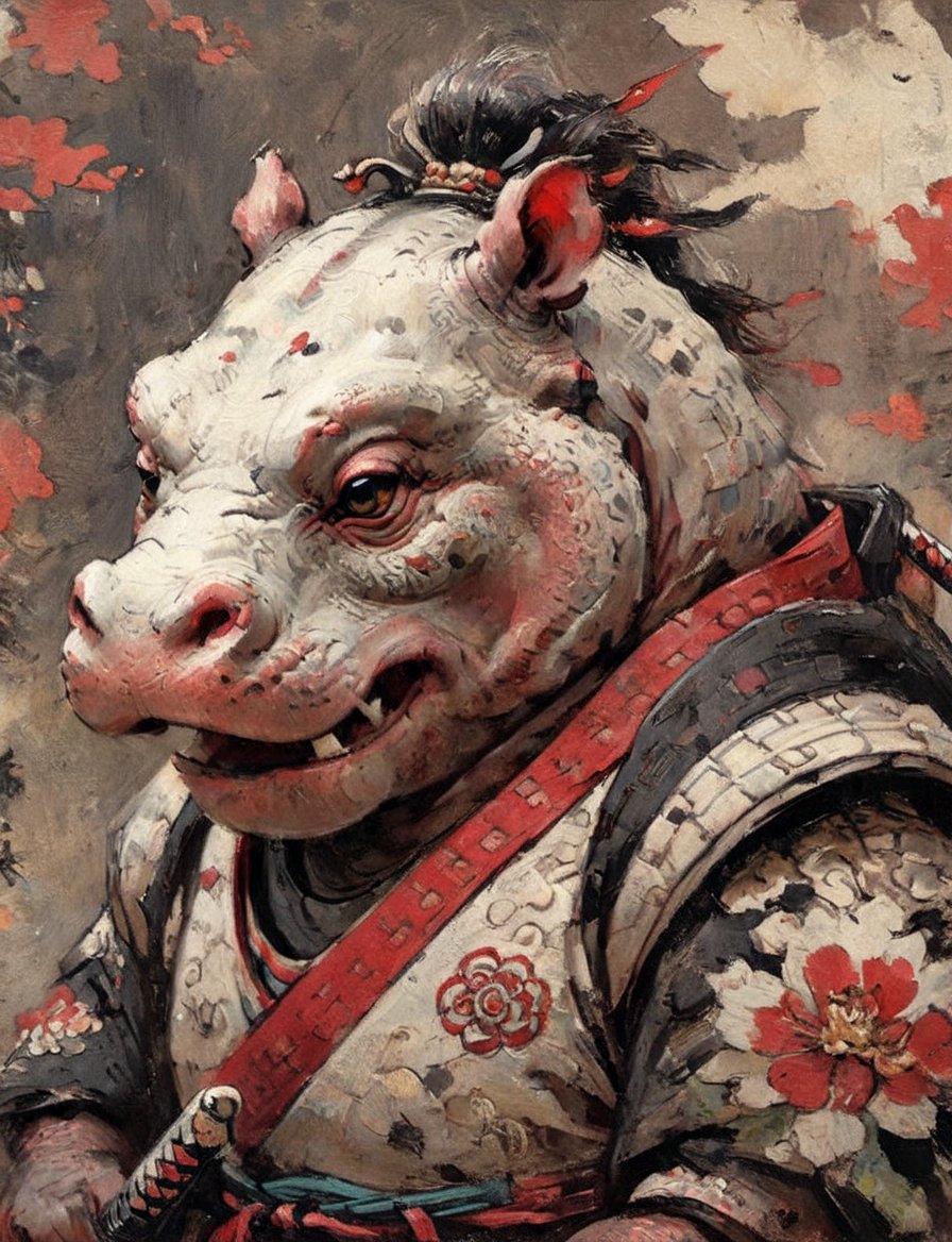 (close up, head and shoulders portrait:1.3), anthromorphic ( hippo :1.2) dragon, samurai , black samurai armor, brown, red , white and black color scheme , (dark background:1.2), Disney pixar style,Ukiyo-e,ink,colorful,shogun,katana