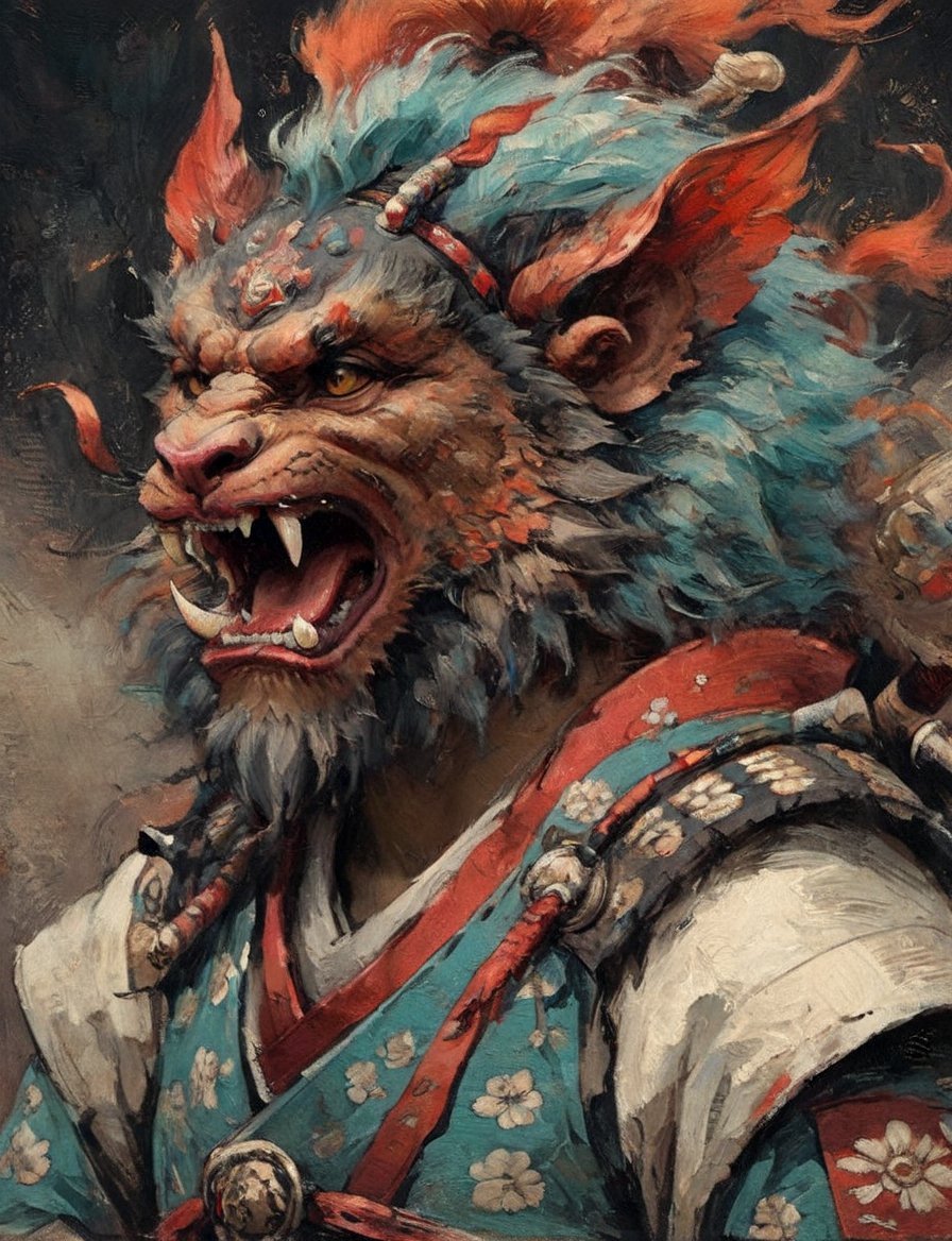 (close up, head and shoulders portrait:1.3), anthromorphic ( manticore :1.4) neck and chest fur, samurai helmet, oni_horns, samurai , black samurai armor, red, aqua, orange, blue , white and black color scheme , (dark background:1.2), Disney pixar style,Ukiyo-e,ink,colorful,shogun