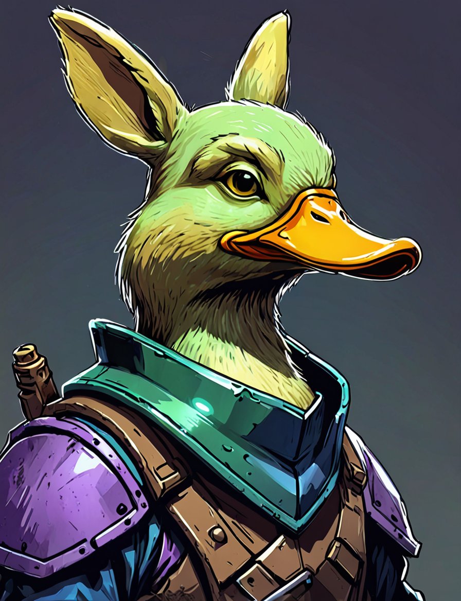 (close up, head and shoulders portrait:1.3), yellow and green gradient , (anthromorphic duck rabbit :1.6), rabbit ears, wearing blue and violet sci-fi polycarbonate armor, (strong outline sketch style:1.5), gritty fantasy, (darkest dungeon art style :1.4), dark muted background, detailed