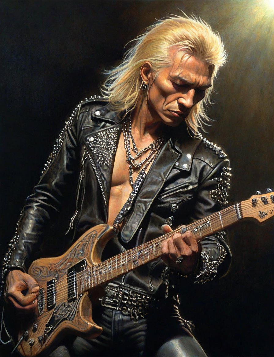 (head and shoulders portrait:1.2), George Lynch, a heavy metal guitarist, (playing guitar:1.2), performing on stage, blond hair, wearing leather jacket, metal studs, chains, surreal fantasy, close-up view, chiaroscuro lighting, no frame, hard light, art by Zdzisław Beksiński,digital artwork by Beksinski