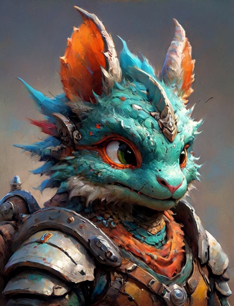 (close up, head and shoulders portrait:1.3), anthromorphic rabbit dragon, futuristic power armor, bounty hunter , triadic colors, Disney pixar style