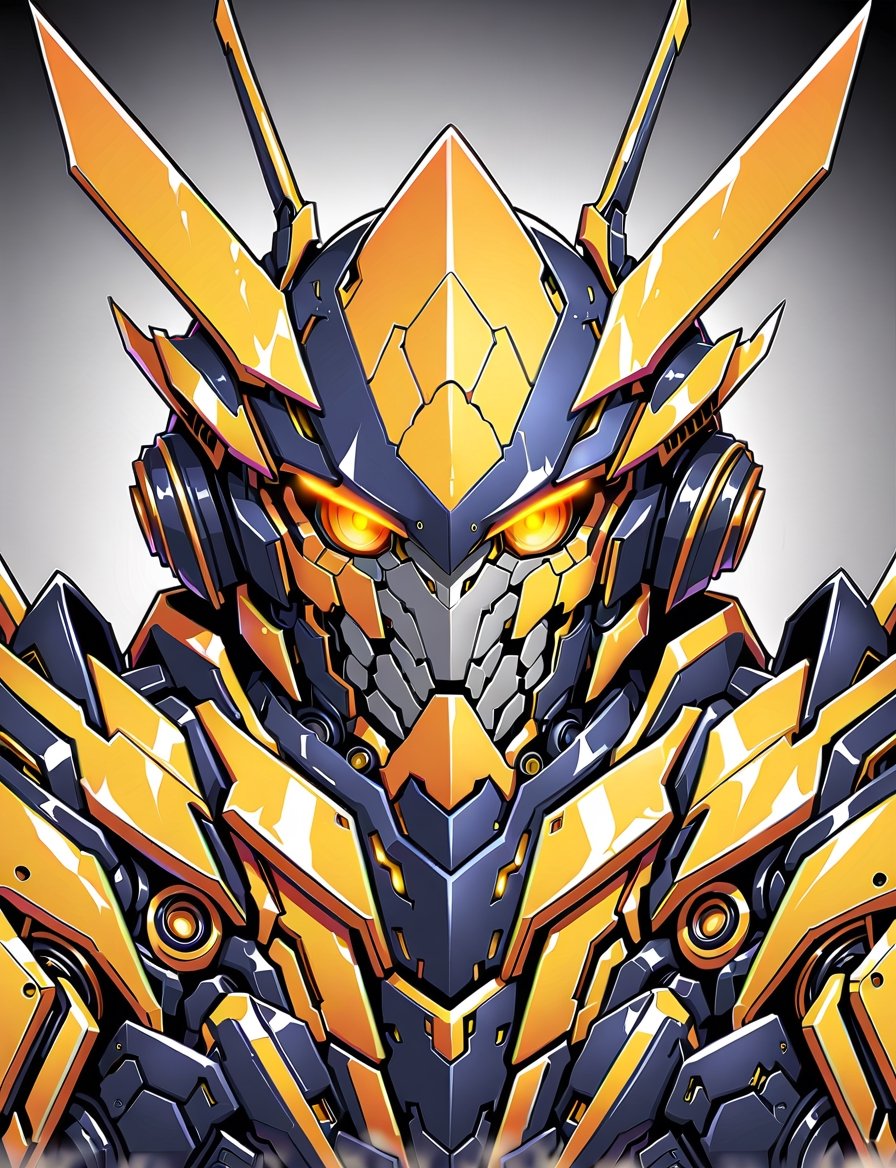 head and shoulder portrait, 1 hornet robot, (solo robot:2) , mechanical features, mechanical joints, fantasy, dark background, giant robot, yellow and black color scheme, symmetrical features