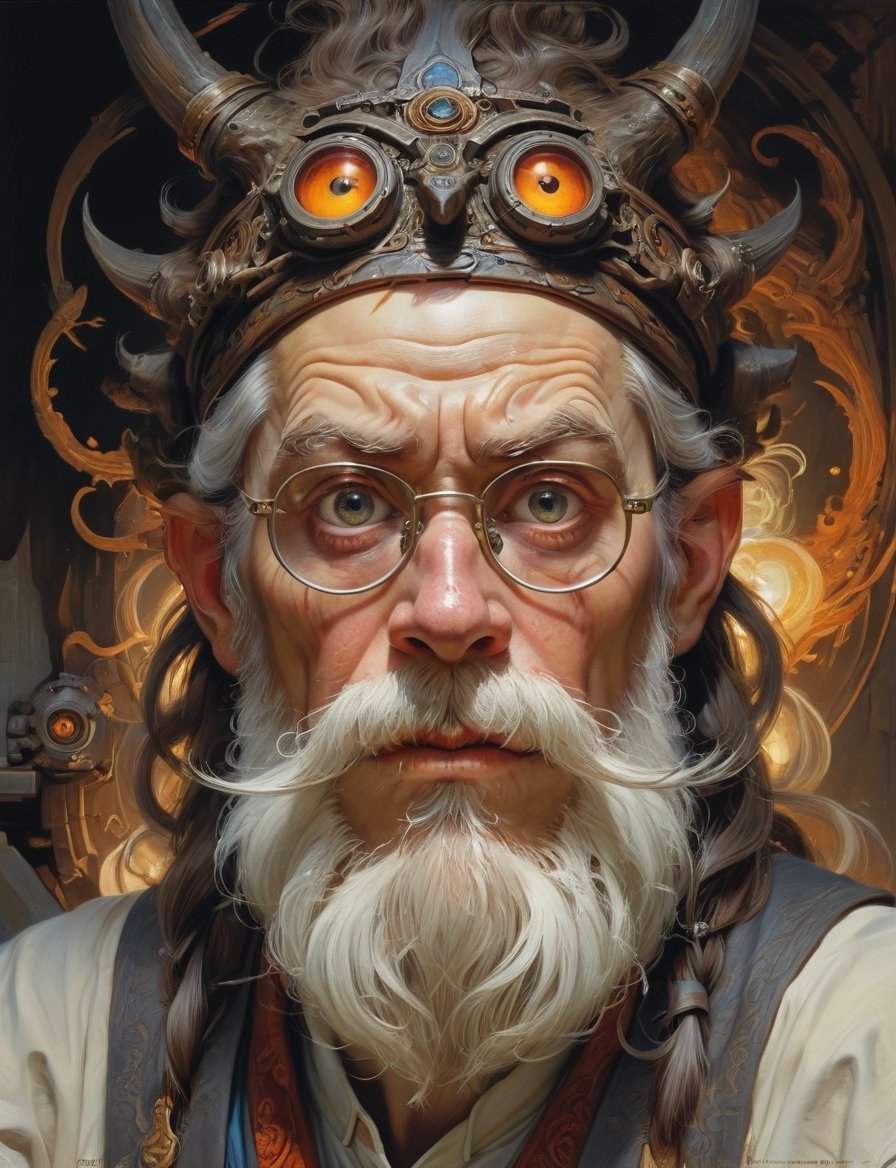 high fantasy world, wild eyed wizard wearing half-rim spectacles, looking intently at the viewer, menacing angry expression, glowing eyes, biomechanical, long beard , head and shoulders portrait , hyper-detailed oil painting, art by Greg Rutkowski and (Norman Rockwell:1.5) , illustration style, symmetry , mideval dungeon setting , huayu