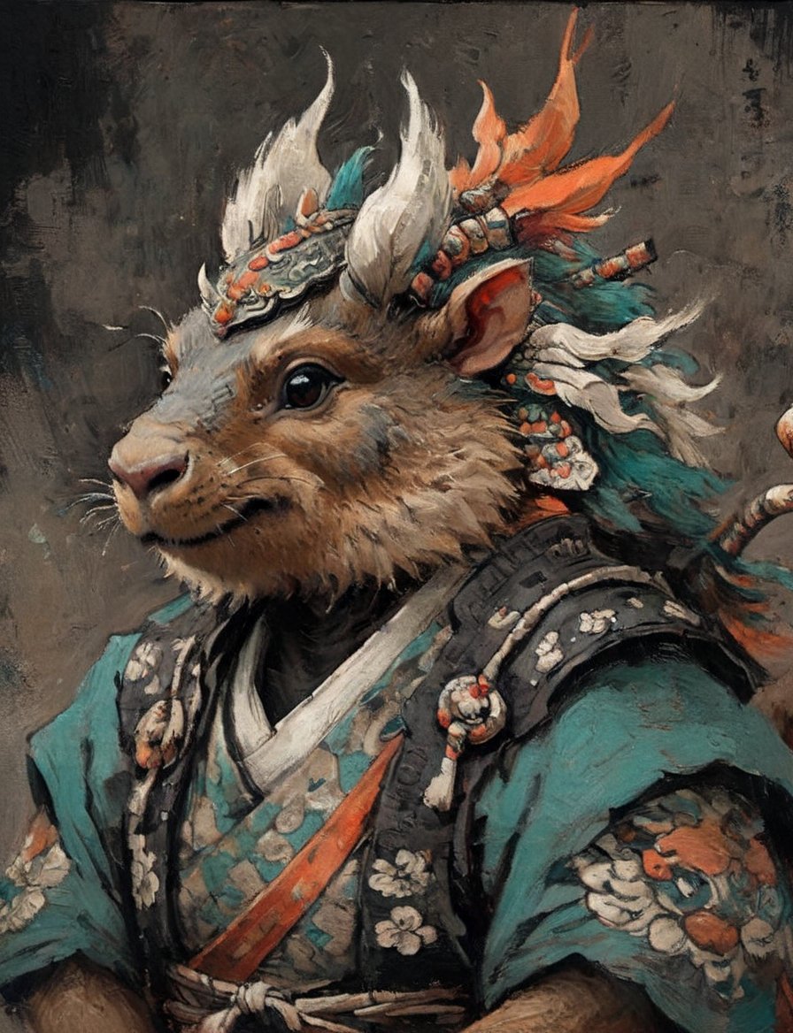 (close up, head and shoulders portrait:1.3), anthromorphic ( capybara :1.2) dragon, oni_horns, samurai , black samurai armor, brown, tangerine teal, white and black color scheme , (dark background:1.2), Disney pixar style,Ukiyo-e,ink,colorful,shogun