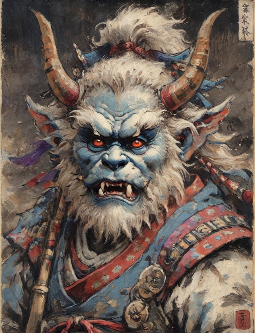 (close up, head and shoulders portrait:1.3), (anthromorphic yeti :1.6), oni_horns, samurai , samurai armor , brown, blue, violet , white and black color scheme , (dark background:1.2), Ukiyo-e,ink,colorful,shogun