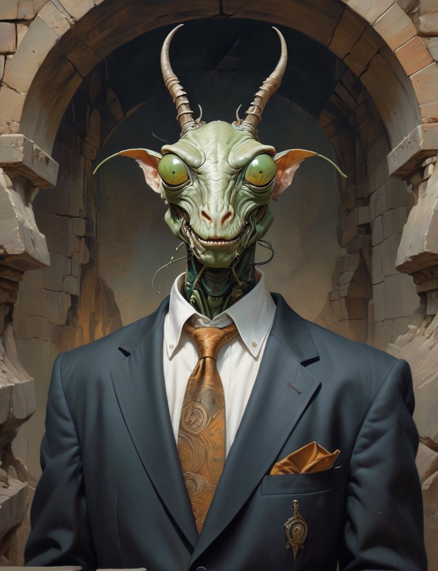 creative magic creature art, creature fusion ( gopher :1.4) (Biomechanical mantis :1.8), (horns :2), wearing business suit, glowing eyes, head and shoulders portrait , hyper-detailed oil painting, art by Greg Rutkowski and (Norman Rockwell:1.5) , illustration style, symmetry , inside a medieval dungeon, cracked stone walls , huayu