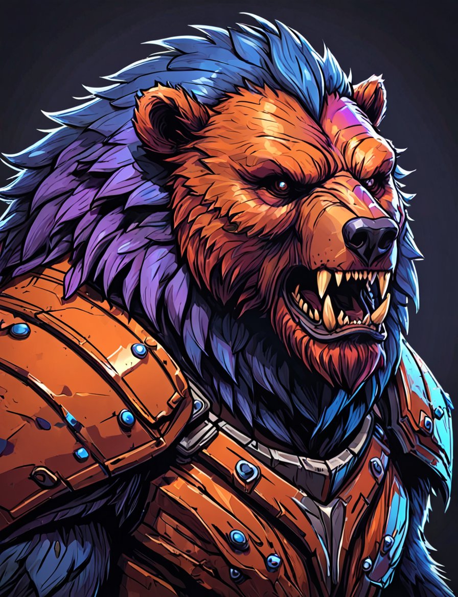 (close up, head and shoulders portrait:1.3), red and orange gradient , (anthromorphic grizzly bear manticore :1.6), wearing blue and violet sci-fi polycarbonate armor, (strong outline sketch style:1.5), gritty fantasy, (darkest dungeon art style :1.4), dark muted background, detailed