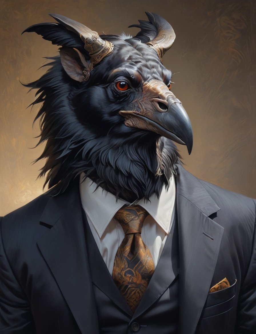 creative magic creature art, (raven :1.8) (bison :1.4), long beard, rabbit ears, wearing business suit, glowing eyes, head and shoulders portrait , hyper-detailed oil painting, art by Greg Rutkowski, illustration style, symmetry , modern office setting 