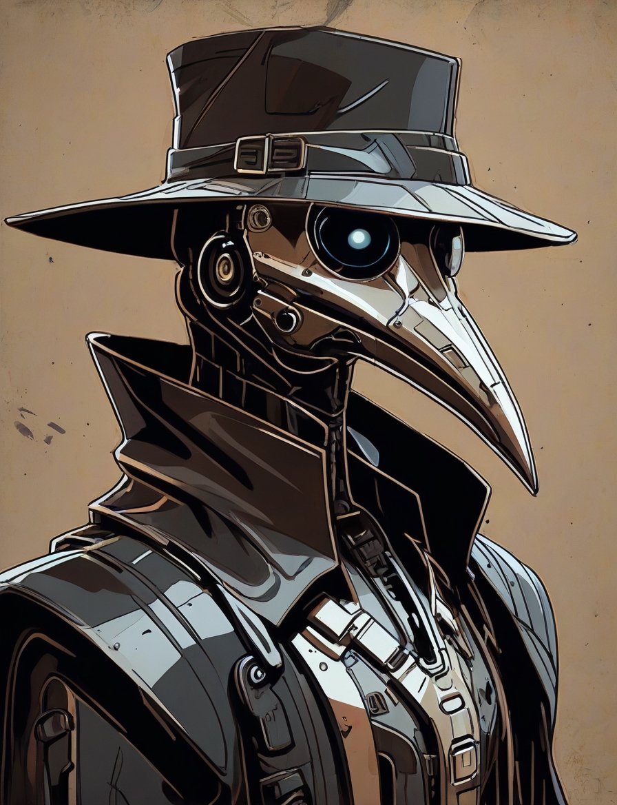 (head and shoulders portrait:1.2), anthropomorphic (cyberpunk:1.3) plague doctor wearing armor (outline sketch style:1.5), gritty fantasy, (art by Syd Mead:1.8), dark muted background, muted colors, detailed, 8k