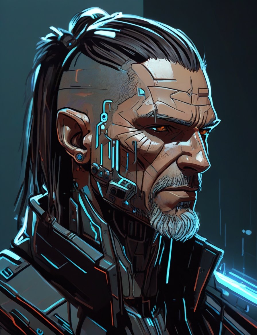 (head and shoulders portrait:1.2), anthropomorphic (cyberpunk:1.3) Witcher outline sketch style:1.5), gritty fantasy, (art by Syd Mead:1.8), dark muted background, muted colors, detailed, 8k