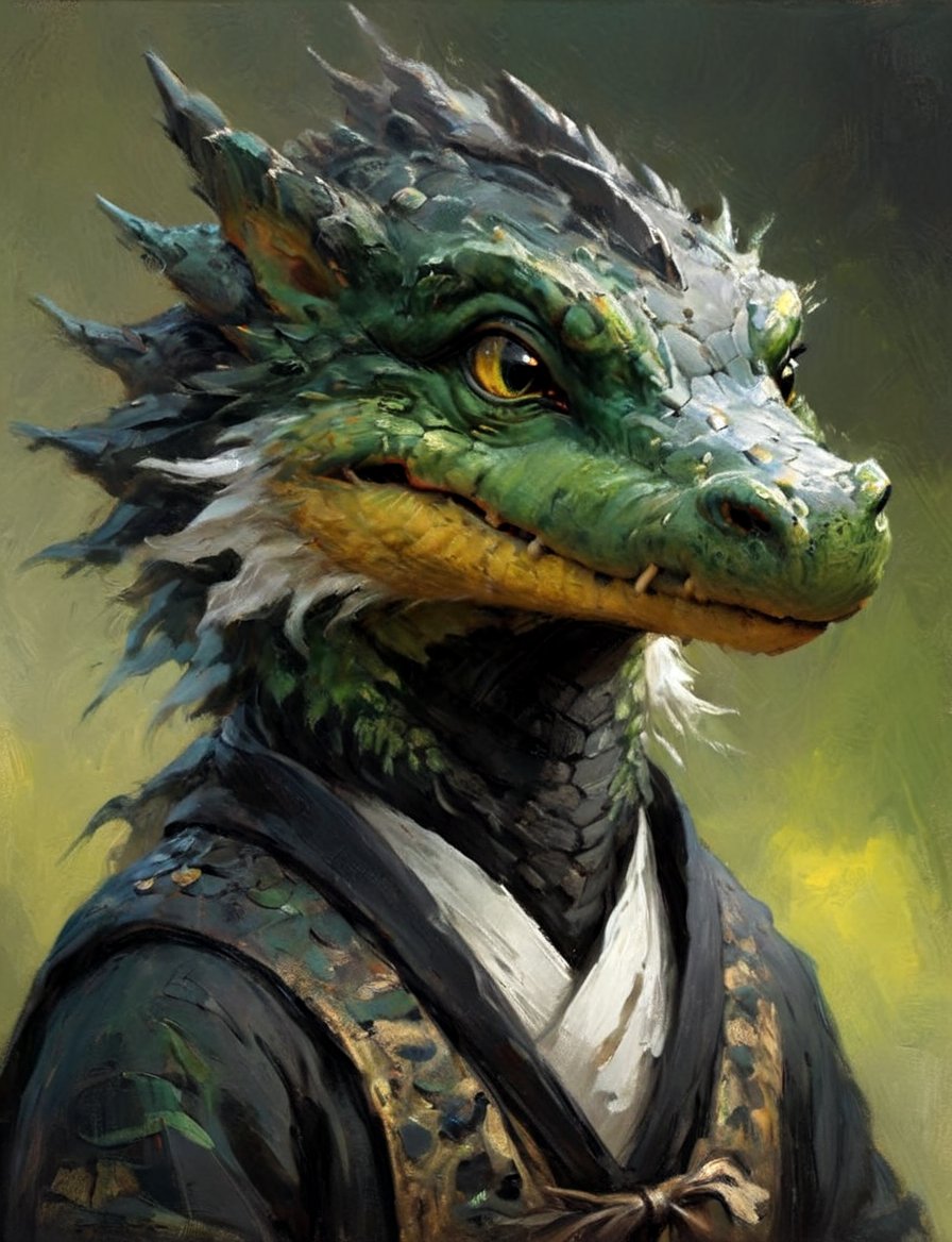 (close up, head and shoulders portrait:1.3), anthromorphic ( alligator :1.2) dragon, ninja , wise old, long mustache, black ninja robes, green, yellow , white and black color scheme , Disney pixar style