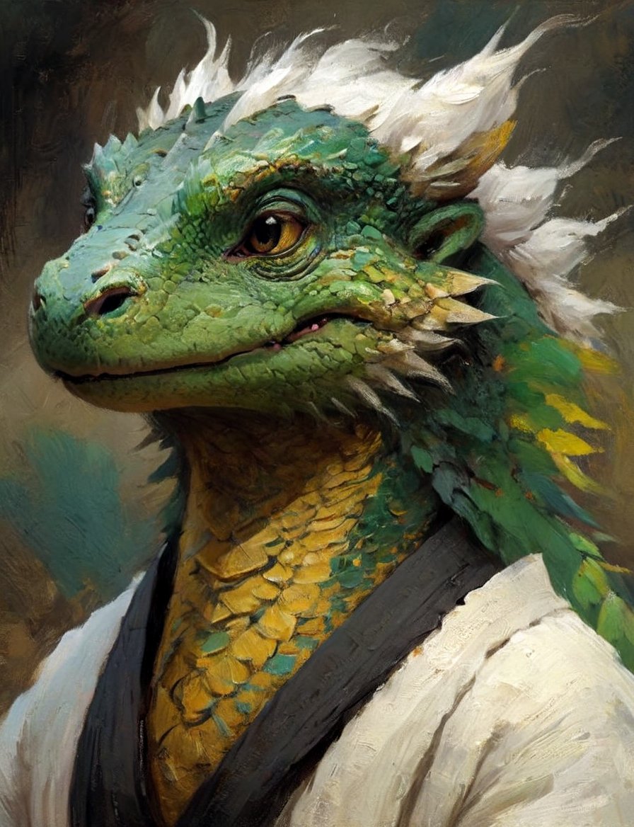 (close up, head and shoulders portrait:1.3), anthromorphic ( Komodo dragon  :1.2) dragon, guru, long mustache, monk robes, green, yellow, white and black color scheme , Disney pixar style