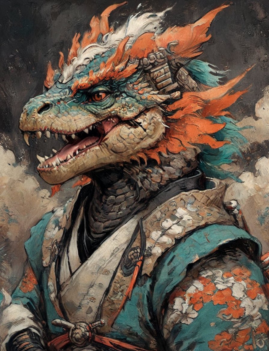 (close up, head and shoulders portrait:1.3), anthromorphic ( t-rex :1.2) dragon, samurai , black samurai armor, brown, tangerine teal, white and black color scheme , (dark background:1.2), Disney pixar style,Ukiyo-e,ink,colorful,shogun