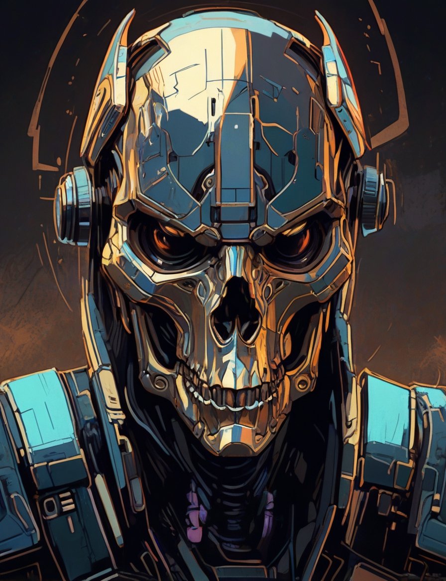 (head and shoulders portrait:1.2), anthropomorphic (cyberpunk:1.3) horse skull  wearing armor (outline sketch style:1.5), gritty fantasy, (art by Syd Mead:1.8), dark muted background, muted colors, detailed, 8k