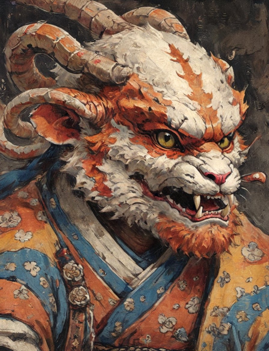 (close up, head and shoulders portrait:1.3), (anthromorphic copperhead :1.6), oni_horns, samurai , samurai armor , brown, orange, yellow, blue , white and black color scheme , (dark background:1.2), Ukiyo-e,ink,colorful,shogun