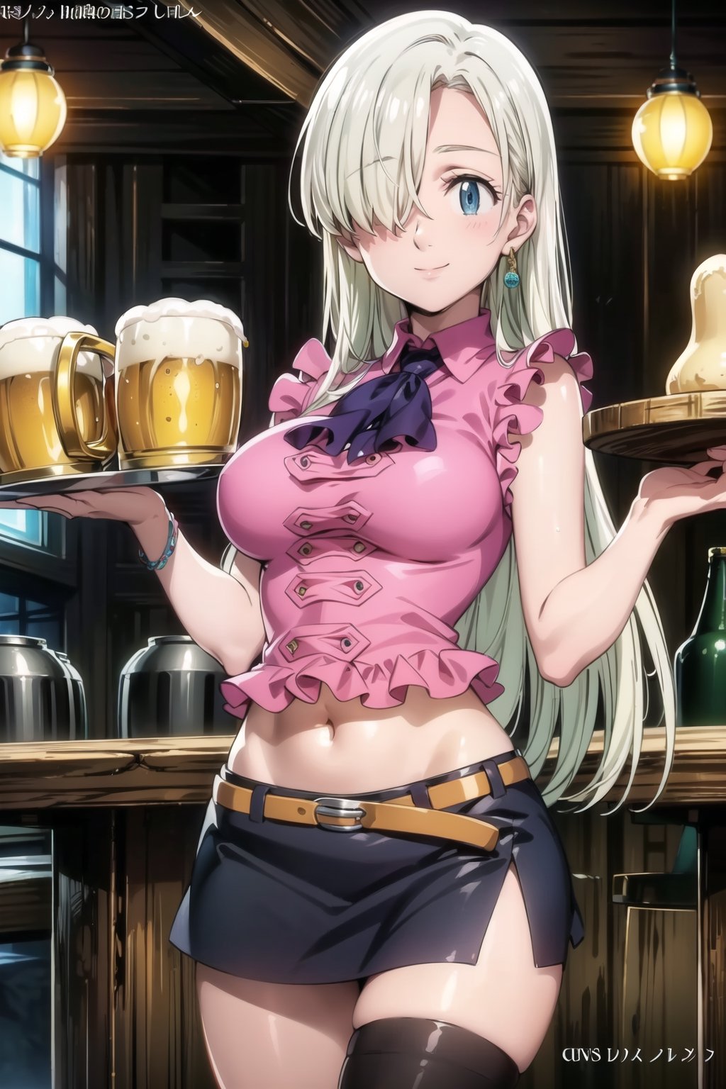 ((best quality)), ((highly detailed)), masterpiece, ((official art)), elizabeth, long hair, blue eyes, white hair, hair over one eye, long hair, single earring, seductive smile, bar, indoors holding tray, beer, beer mug, table, chair, large breasts, pink shirt, navel, belt, (black skirt), miniskirt, (single thighhigh), intricately detailed, hyperdetailed, blurry background, depth of field, best quality, masterpiece, intricate details, tonemapping, sharp focus, hyper detailed, trending on Artstation, 1 girl, high res, official art 