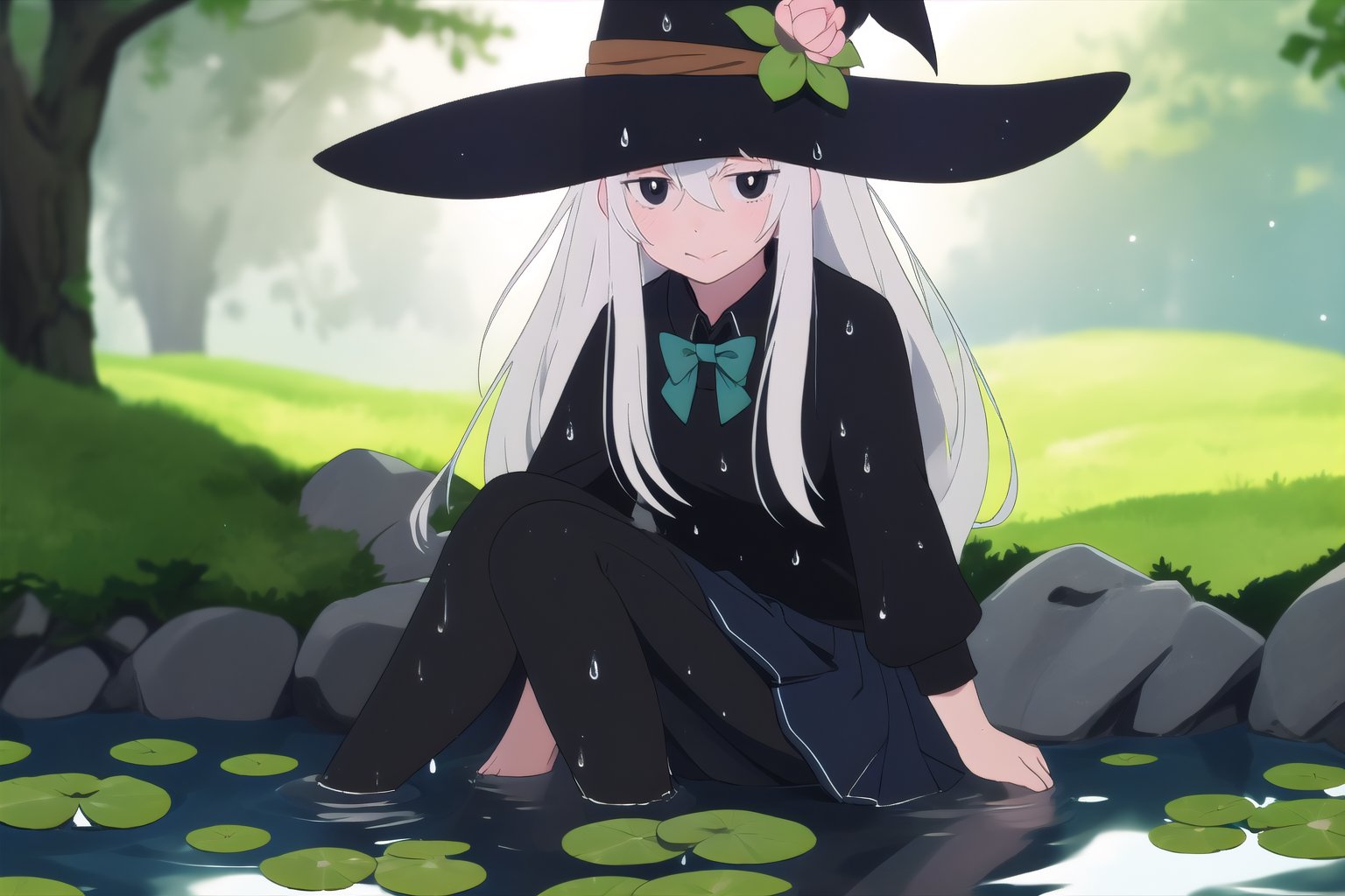 ((masterpiece)),((detailed)), 1girl, sitting in the pond, Super-detailed water, light beam, particles, lily pads, lotus flowers, (blurry background), dramatic lighting, wet, dappled sunlight, echidna, white hair, hair between eyes, hairclip, (colored eyelashes:1.1), witch hat, school uniform, blue jacket, pleated skirt, collared shirt, bowtie, smile, looking at viewer,halloween