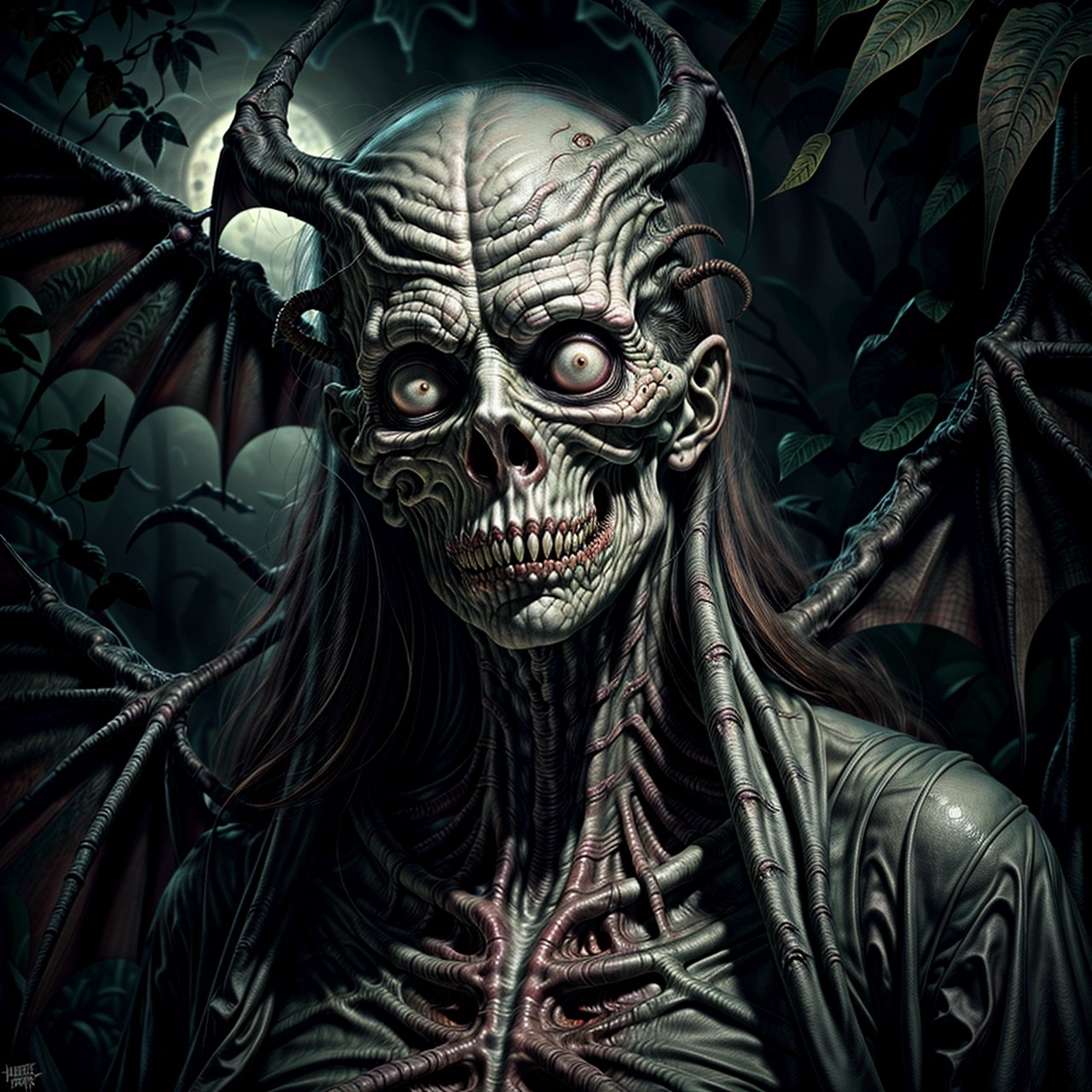 Skinny scary looking demon, riding a bat, gloomy jungle background, full color, detailed facial features, very detailed,  hyper realistic, intricate detail, illustration style, high solution,detailed, hyper realistic, intricate detail, illustration style, high resolution,monster,more detail XL,horror, ,Masterpiece,Epicrealism,stalker,style,creepy,misery,zomb00d