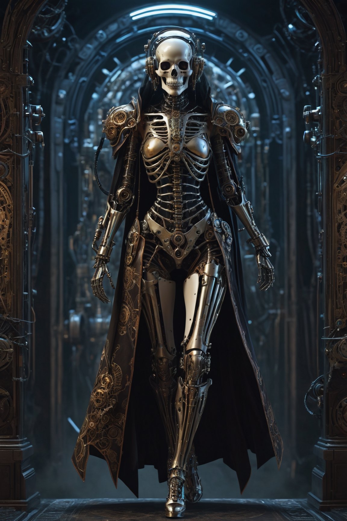 (Very detailed 8K wallpaper), A masterfully detailed portrait of a sinister necromancer absolute full body and legs and feet, their face shrouded in darkness, a cyborg skeleton companion lurking ominously in the shadows. The artwork is rendered in a highly detailed and dramatic steampunk fantasy style, featuring a retro-futuristic female robot with intricate design elements, full body.