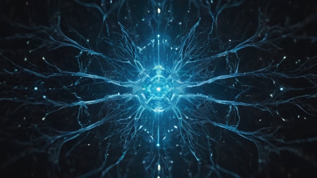the entire frame is filled with neural connections, glowing neurons, subsurface scattering, transparent, translucent skin, glow, Bioluminescent blood neurons,3d style, cyborg style, Movie Still, Leonardo Style, cool colors, vibrant, volumetric light, wide angle shot, fractal neuron background