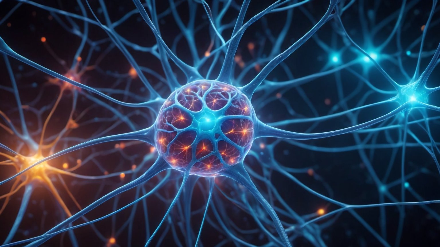 the entire space in the frame is filled with neural connections, glowing neurons as part of a human brain, subsurface scattering, transparent, translucent skin, glow, Bioluminescent blood neurons,3d style, cyborg style, Movie Still, Leonardo Style, cool colors, vibrant, volumetric light, wide angle shot, fractal neuron background