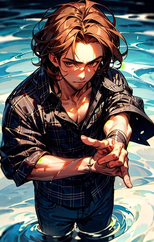 (shiny skin),  (masterpiece:1.4),  (best quality:1.4),  1 man,  (medium brown hair:1), dressed in a flannel and jeans, handsome face, brown eyes, a small stubble, (water spell:1)