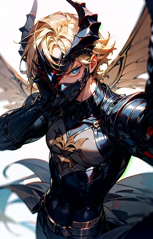 (metallic demon horns), (shiny skin), (masterpiece:1.4), (best quality:1.4), 1 man, (short blond hair:1), blue eyes, (evil expression:1), handsome face, dressed in black, cute blond boy, With a black masquerade eye mask