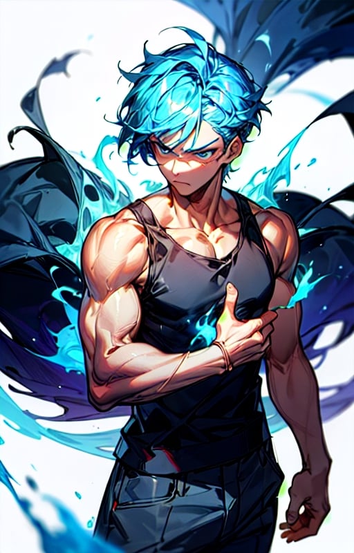 (shiny skin),  (masterpiece:1.4),  (best quality:1.4),  1 man,  (short blue hair:1),  blue eyes,  frown,  handsome face,  dressed in pants and a black tank top,  blue fire spell:1,Handsom Boy
