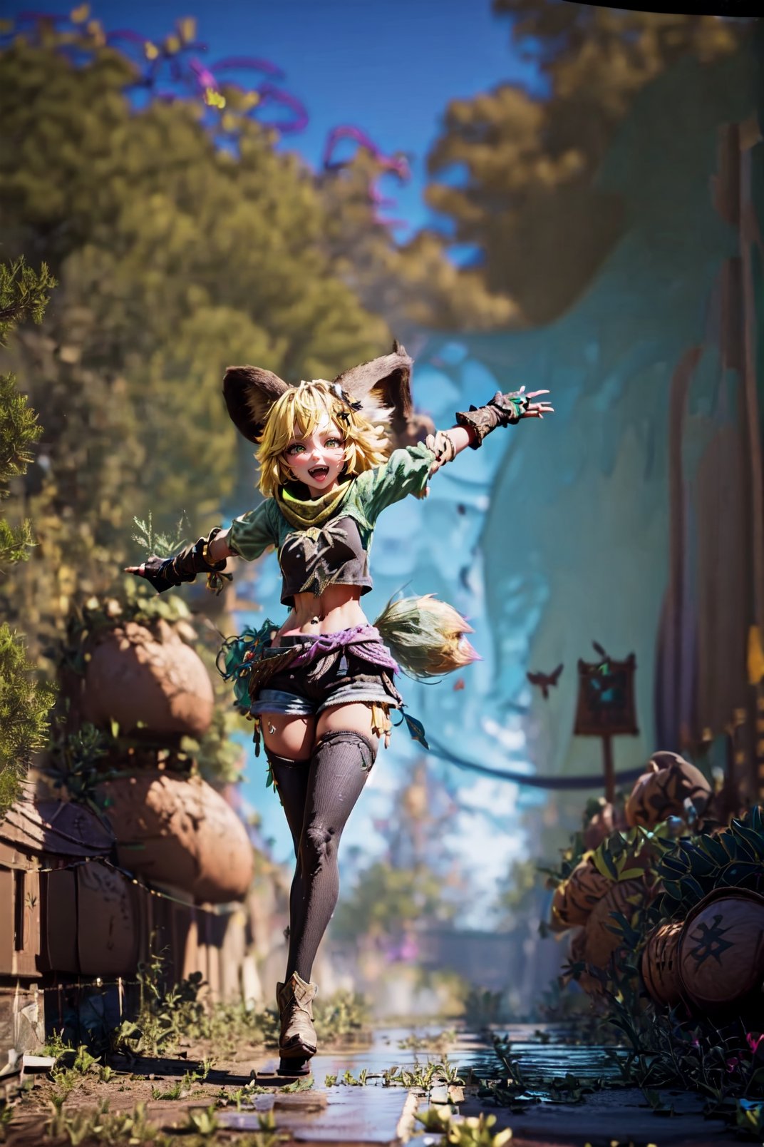 a girl with cat ears and bird tail, smile, open mouth, bangs, blonde hair, hair ornament, tights, gloves, animal ears, green eyes, short sleeves, :d, boots, outdoors, shorts, teeth, day, black gloves, hair clip, diaphragm, fingerless gloves, tree, leaf, brown gloves, yellow (((RAYS RUNNING THROUGH YOUR BODY))),(((CUTE))),running, particles, wind,Mobile legends, 
skin, realistic,(((FULL BODY))
photon mapping
more details
16k,Hdr,cg, 3d, maintain maximum image detail,photography,high resolution,Anti Aliasing,











