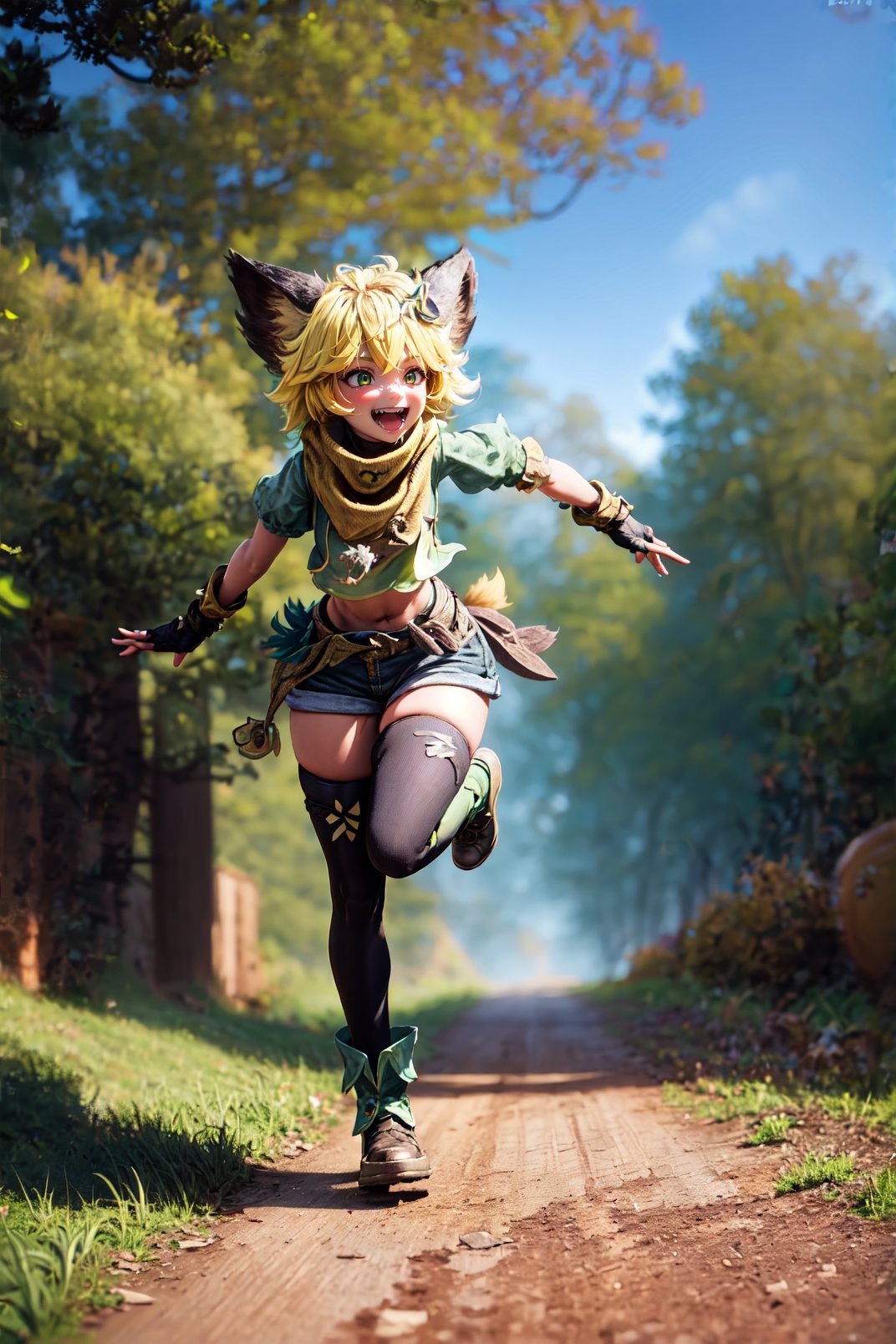 a girl with YELLOW cat ears and bird tail, smile, open mouth, bangs, blonde hair, hair ornament, tights, gloves, animal ears, green eyes, short sleeves, :d, boots, outdoors , shorts, teeth, day, black gloves , hairpin, diaphragm, fingerless gloves, tree, leaf, brown gloves, yellow (((RAYS RUNNING THROUGH YOUR BODY))),(((CUTE))), running, particles, wind, moving legends,
skin, realistic,(((FULL BODY))
photon mapping
more details
16k, HDR, cg, 3d, maintains maximum image details, photography, high resolution, Anti Aliasing,