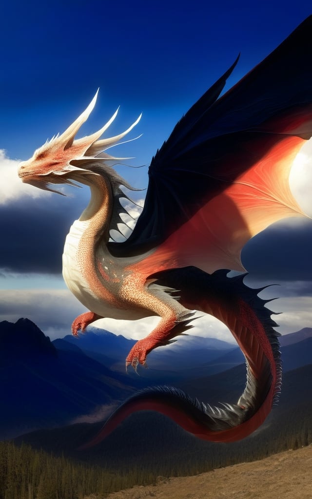 big scary dragon, black and red scales,caraxes dragon,big wingspan,detailed, realistic,patagium wings, massive wings,as big as mountain, flying in air
