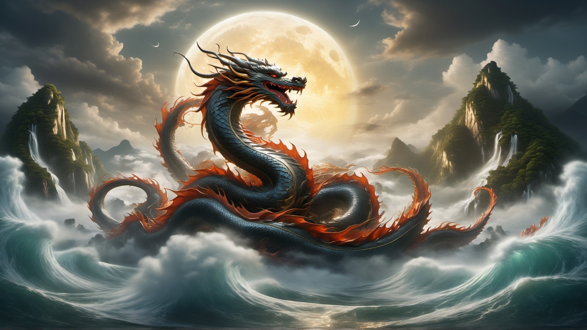 A huge dragon like a mountain devours the sun and the moon, its figure appears in the clouds, the black water is surging, (the waves rush to the sky), the fairy mountain island, (the pavilion is in the clouds in mid-air), ((clouds and mist)), roaring, fierce, ((Chinese mythology)), high quality, ultra-fine, detailed, accurate, (masterpiece), master work, (16k resolution), movie lighting, dynamic perspective,