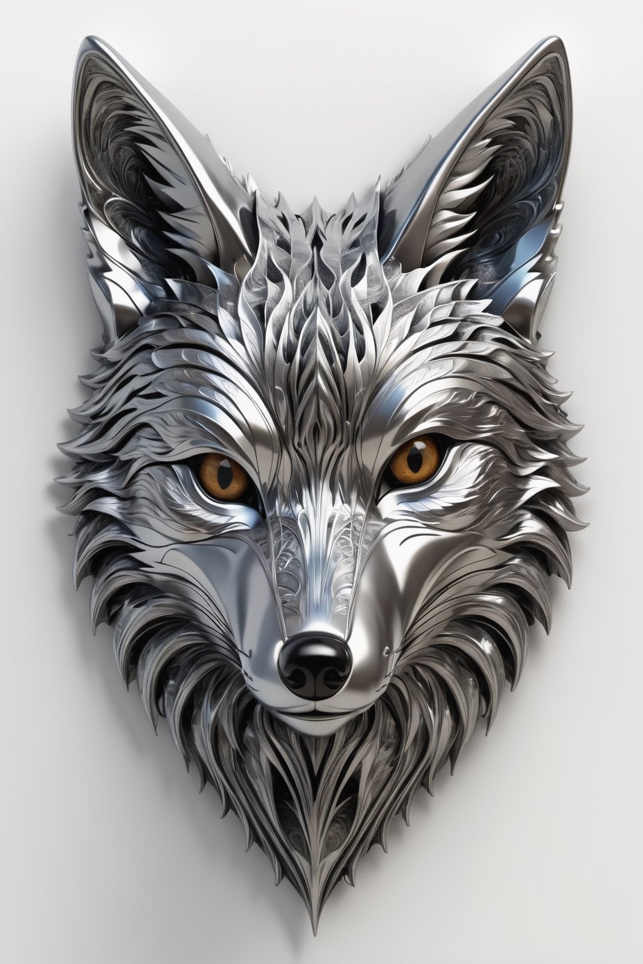 Steel fox head with lots of fractal clefts, white background, highly detailed, realistic, 8k, in frame
