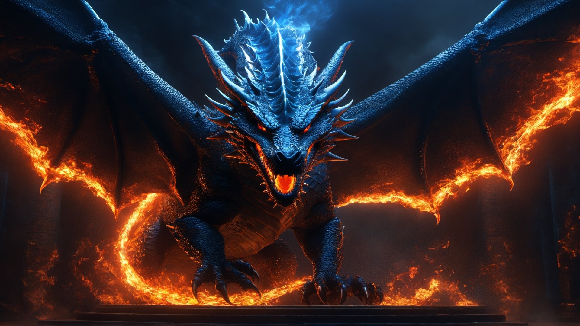 (masterpiece), ((best quality + highres + stunning art)), (aesthetic + beautiful + harmonic), {{Floating fire magic and a burst of flames}}, ((cinematic lighting + dynamic angle), ray tracing, ((very aesthetic)), (symmetrical intricate details + sharpen symmetrical details), (((face closeup:1.5)) of the black dragon, a black dragon with its scales engraved with fire intricate details, imposing and blue Lightning wings, a glowing and hot stare, inside its blue Lightning lair that no one dares to enter),realistic