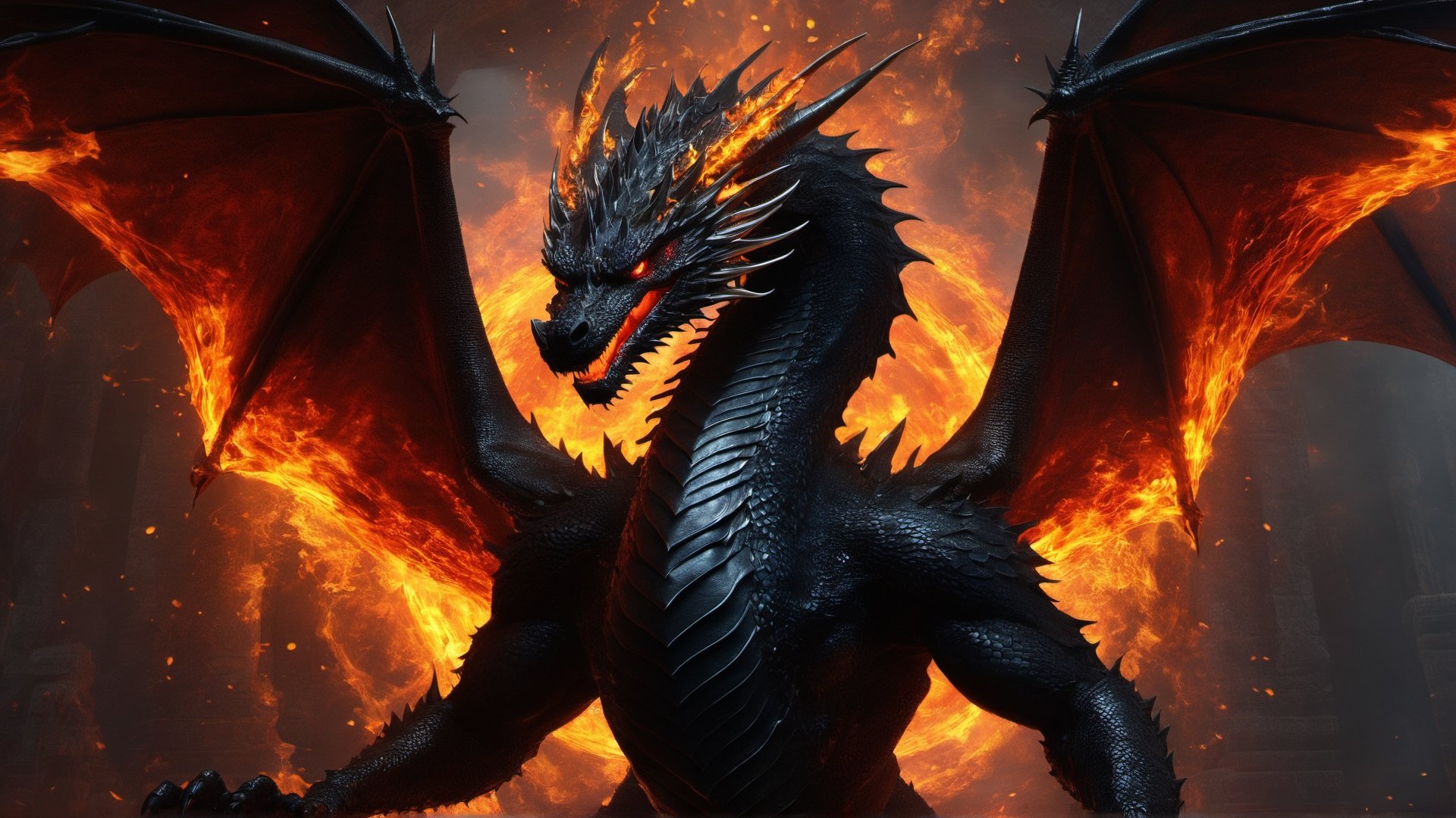 (masterpiece), ((best quality + highres + stunning art)), (aesthetic + beautiful + harmonic), {{Floating fire magic and a burst of flames}}, ((cinematic lighting + dynamic angle), ray tracing, ((very aesthetic)), (symmetrical intricate details + sharpen symmetrical details), (((face closeup:1.5)) of the black dragon, a black dragon with its scales engraved with fire intricate details, imposing and flames wings, a glowing and hot stare, inside its fire lair that no one dares to enter),realistic