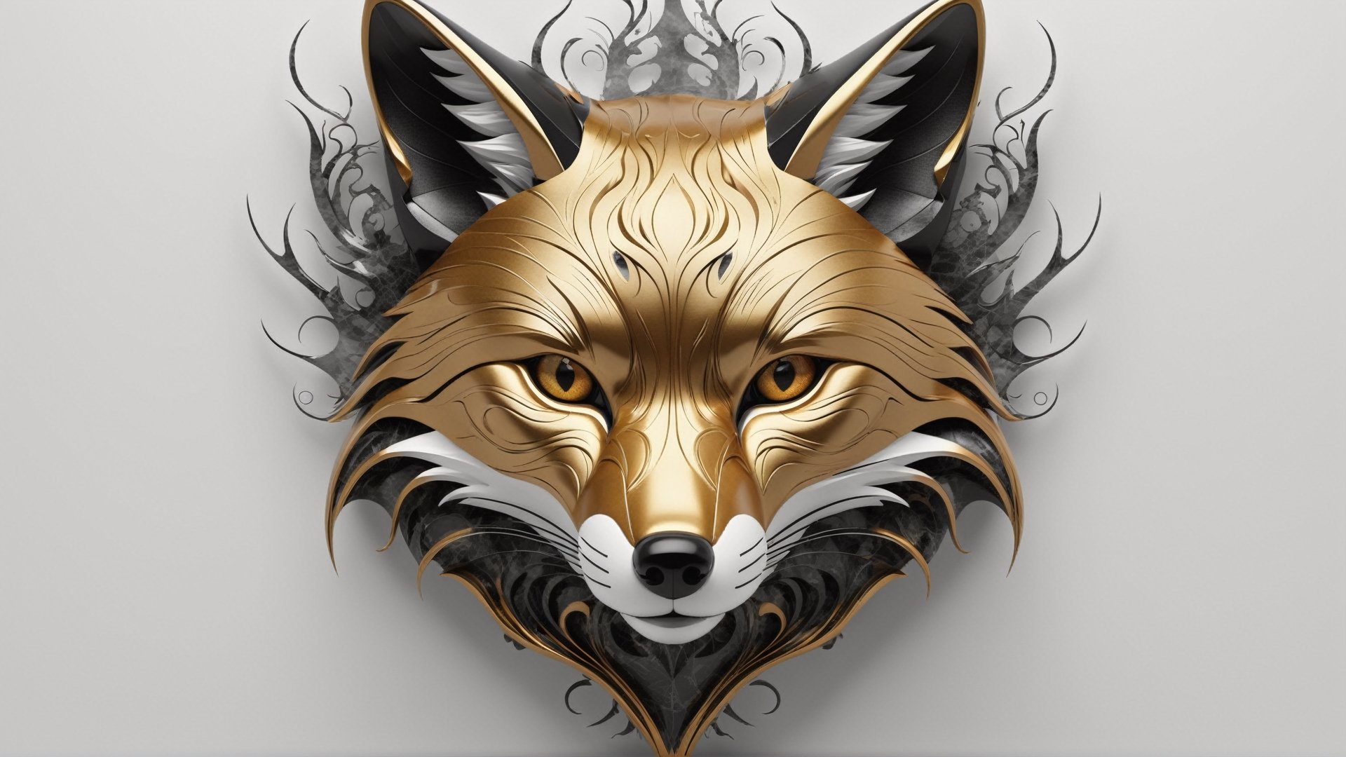 Carbon fiber and gold details fox head with lots of fractal clefts, white smoke background, highly detailed, realistic, 8k, in frame