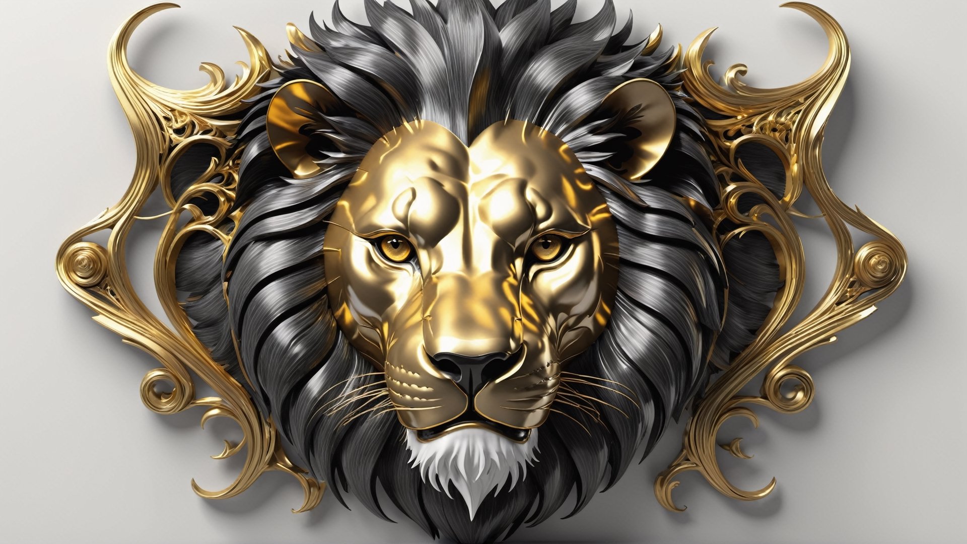 Carbon fiber and gold details lion head with lots of fractal clefts, white background and smoke, highly detailed, realistic, 8k, in frame