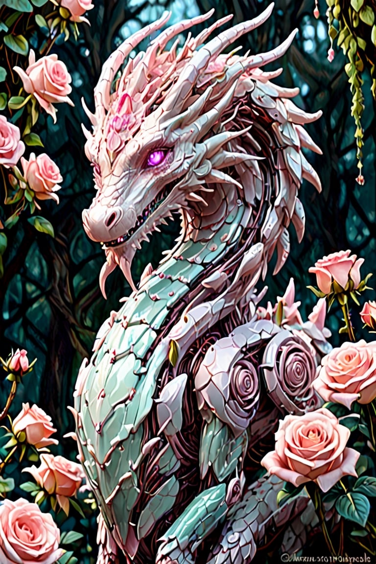 Imagine a dragon with a body entirely composed of intertwining rose blossoms and thorny vines. Its scales shimmer with the delicate hues of blooming roses, while sharp thorns protrude from its sinuous form. Each petal is meticulously crafted, forming intricate patterns that cascade along its body like a living tapestry. Despite its floral appearance, the dragon exudes an aura of power and majesty, scent of roses fills the air, ,Mecha