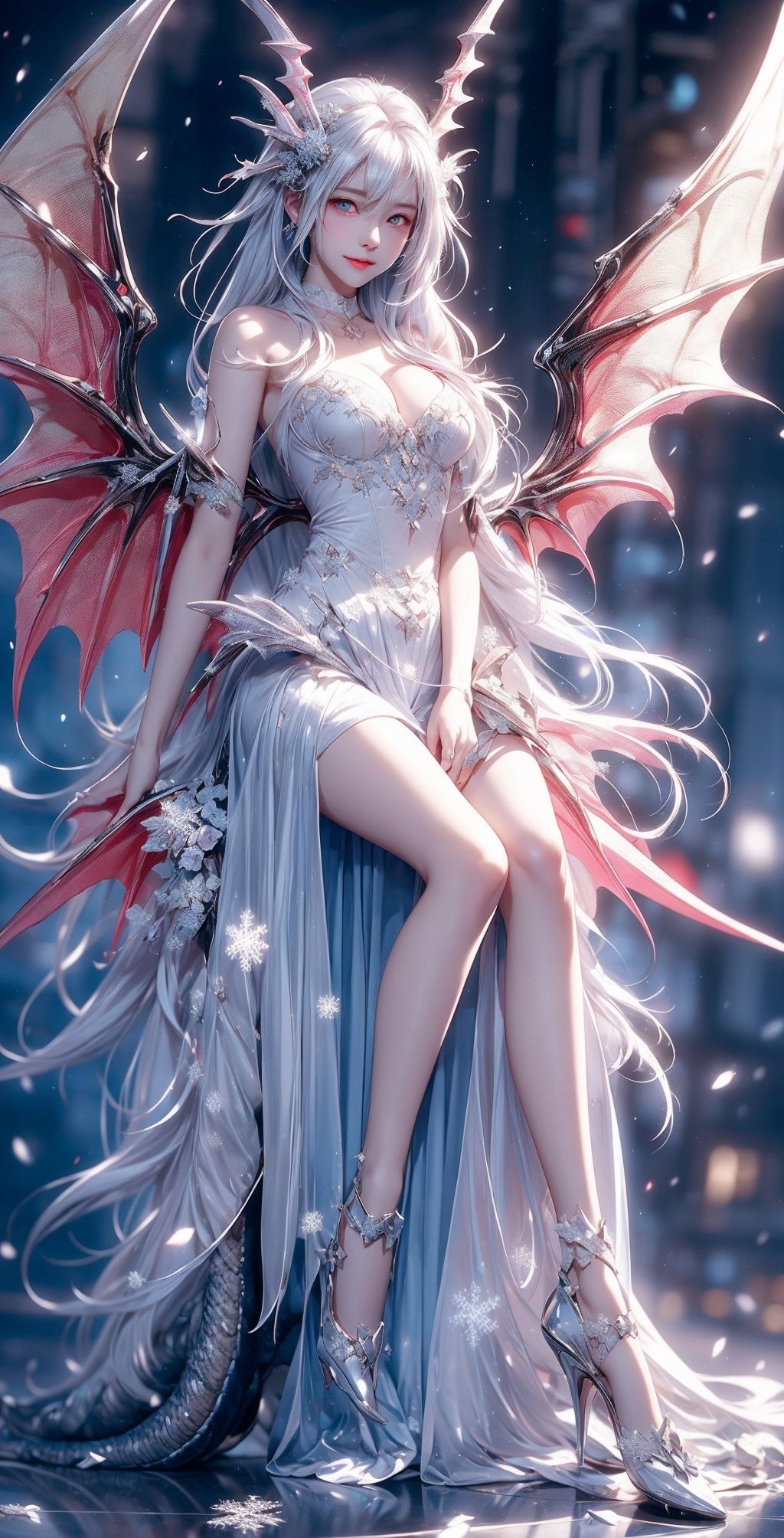 ((best quality)), ((masterpiece)), ((ultra-detailed)), extremely detailed CG, (illustration), ((detailed light)), (an extremely delicate and beautiful), 2girls, ((full body,)), ((cute face)), expressionless, (beautiful detailed eyes), blue dragon eyes, (Vertical pupil:1.2), white hair, shiny hair, colored inner hair, (Dragonwings:1.4), [Armor_dress], blue wings, blue_hair ornament, ice adorns hair, [dragon horn], depth of field, [ice crystal], (snowflake), [loli], [[[[[Jokul]]]]], smile,