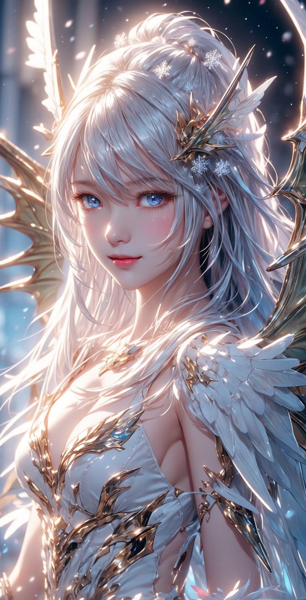 ((best quality)), ((masterpiece)), ((ultra-detailed)), extremely detailed CG, (illustration), ((detailed light)), (an extremely delicate and beautiful), 2girls, ((upper body,)), ((cute face)), expressionless, (beautiful detailed eyes), blue dragon eyes, (Vertical pupil:1.2), white hair, shiny hair, colored inner hair, (Dragonwings:1.4), [Armor_dress], blue wings, blue_hair ornament, ice adorns hair, [dragon horn], depth of field, [ice crystal], (snowflake), [loli], [[[[[Jokul]]]]], light smile,