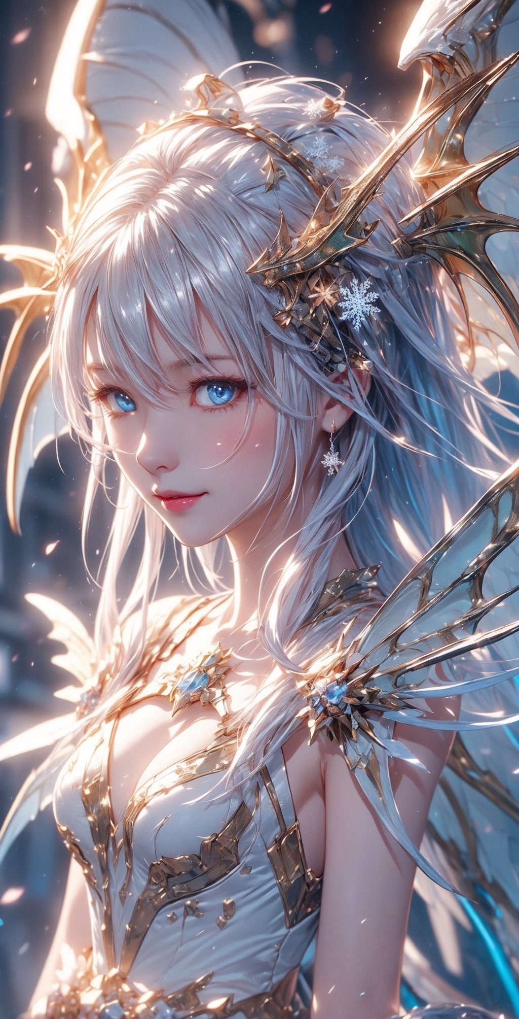 ((best quality)), ((masterpiece)), ((ultra-detailed)), extremely detailed CG, (illustration), ((detailed light)), (an extremely delicate and beautiful), 2girls, ((full body,)), ((cute face)), expressionless, (beautiful detailed eyes), blue dragon eyes, (Vertical pupil:1.2), white hair, shiny hair, colored inner hair, (Dragonwings:1.4), [Armor_dress], blue wings, blue_hair ornament, ice adorns hair, [dragon horn], depth of field, [ice crystal], (snowflake), [loli], [[[[[Jokul]]]]],cool smile,