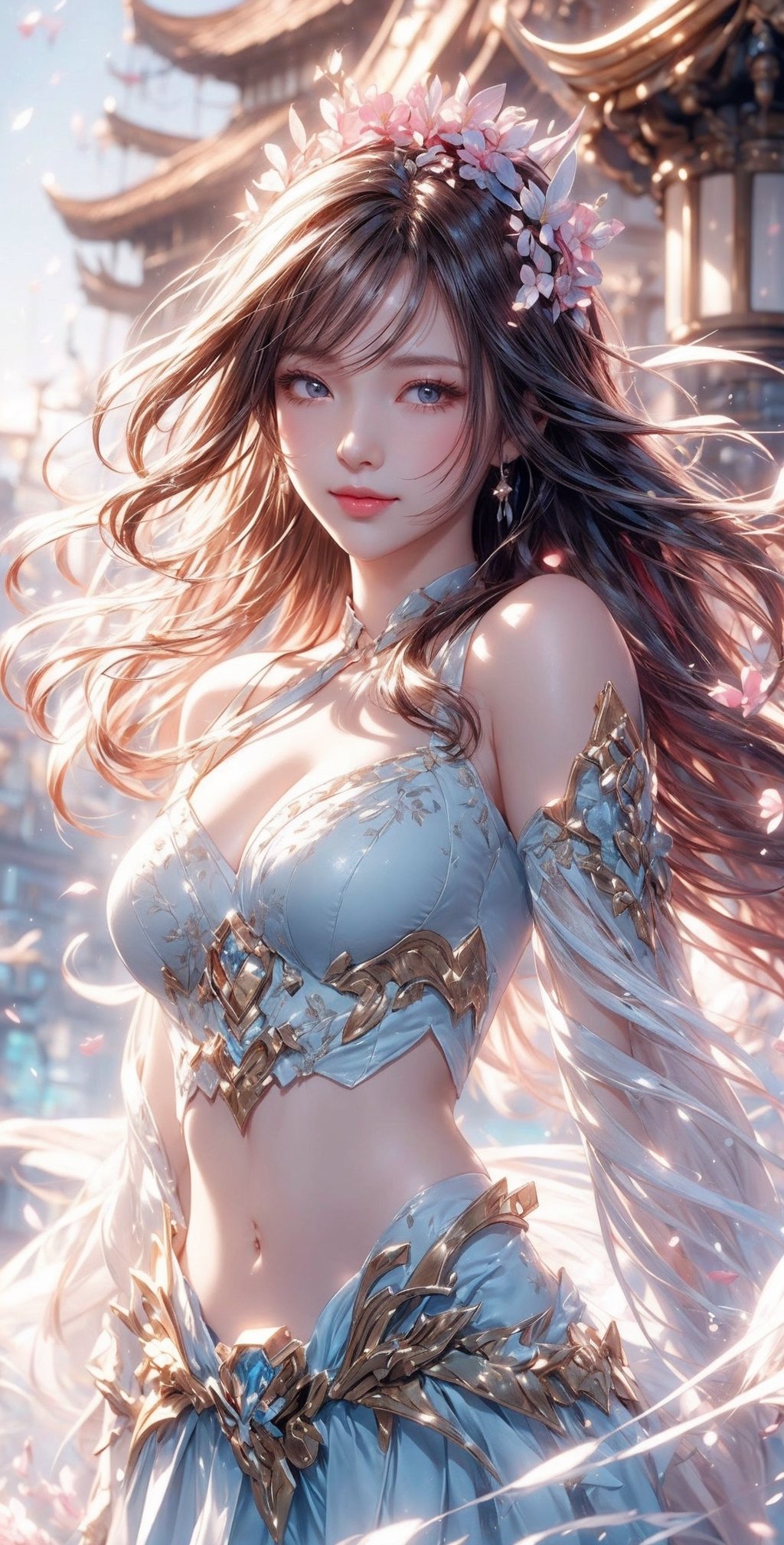 (((masterpiece))),best quality, illustration,(beautiful detailed girl),beautiful detailed glow,detailed ice,beautiful detailed water,(beautiful detailed eyes),expressionless,(floating palaces),azure hair,disheveled hair,long bangs, hairs between eyes,(skyblue dress),black ribbon,white bowties,midriff,{{{half closed eyes}}},big forhead,blank stare,flower,large top sleeves, 2girls,light smile,