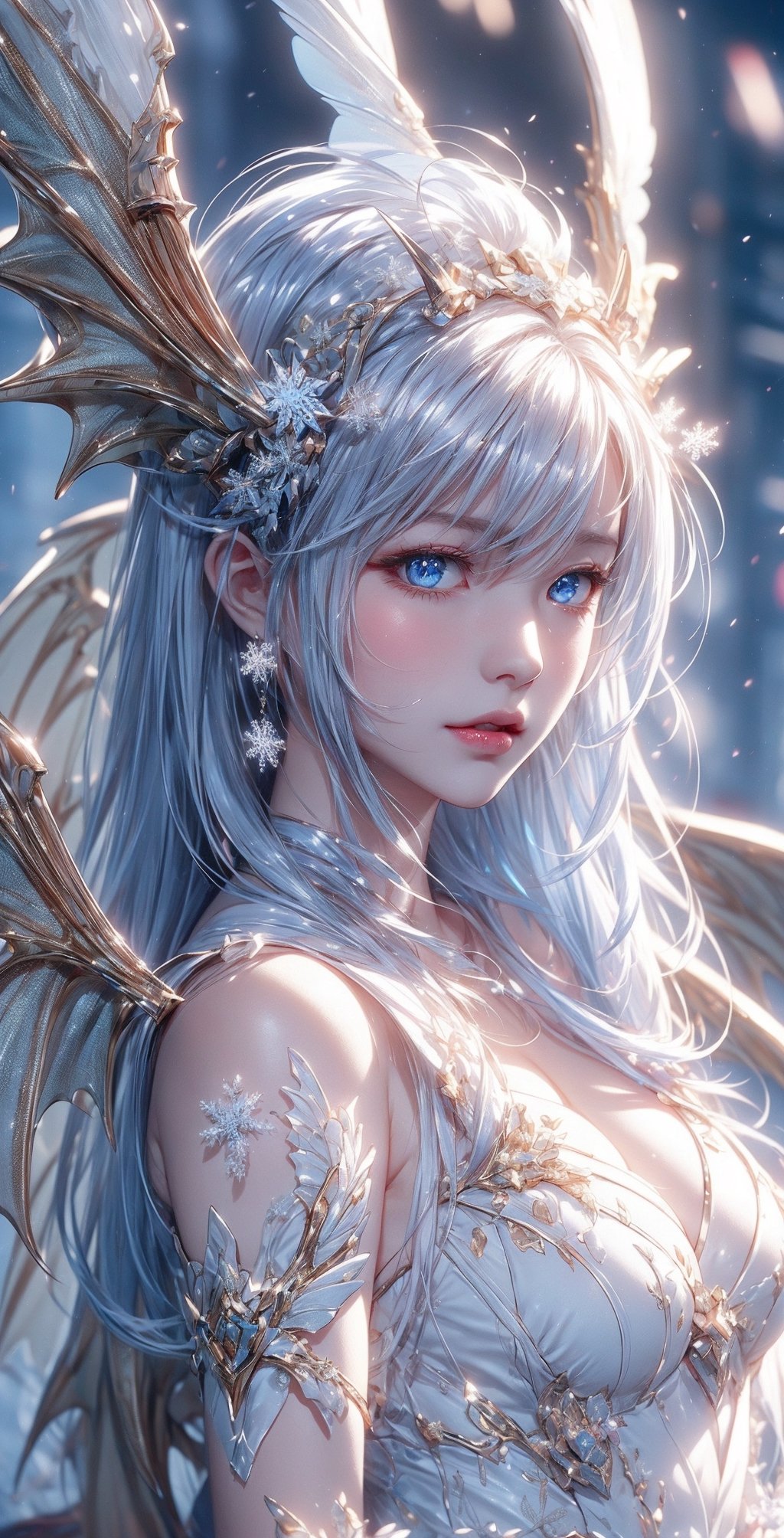 ((best quality)), ((masterpiece)), ((ultra-detailed)), extremely detailed CG, (illustration), ((detailed light)), (an extremely delicate and beautiful), 2girls, ((upper body,)), ((cute face)), expressionless, (beautiful detailed eyes), blue dragon eyes, (Vertical pupil:1.2), white hair, shiny hair, colored inner hair, (Dragonwings:1.4), [Armor_dress], blue wings, blue_hair ornament, ice adorns hair, [dragon horn], depth of field, [ice crystal], (snowflake), [loli], [[[[[Jokul]]]]]
