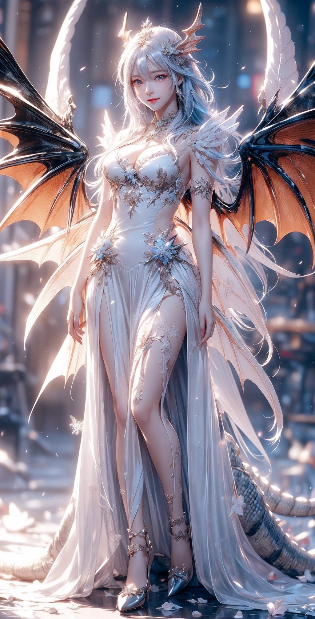 ((best quality)), ((masterpiece)), ((ultra-detailed)), extremely detailed CG, (illustration), ((detailed light)), (an extremely delicate and beautiful), 2girls, ((full body,)), ((cute face)), expressionless, (beautiful detailed eyes), blue dragon eyes, (Vertical pupil:1.2), white hair, shiny hair, colored inner hair, (Dragonwings:1.4), [Armor_dress], blue wings, blue_hair ornament, ice adorns hair, [dragon horn], depth of field, [ice crystal], (snowflake), [loli], [[[[[Jokul]]]]],sexy smile,