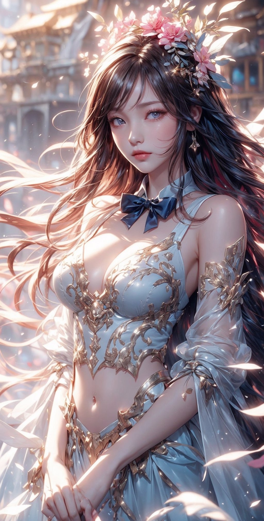 (((masterpiece))),best quality, illustration,(beautiful detailed girl),beautiful detailed glow,detailed ice,beautiful detailed water,(beautiful detailed eyes),expressionless,(floating palaces),azure hair,disheveled hair,long bangs, hairs between eyes,(skyblue dress),black ribbon,white bowties,midriff,{{{half closed eyes}}},big forhead,blank stare,flower,large top sleeves, 2girls,