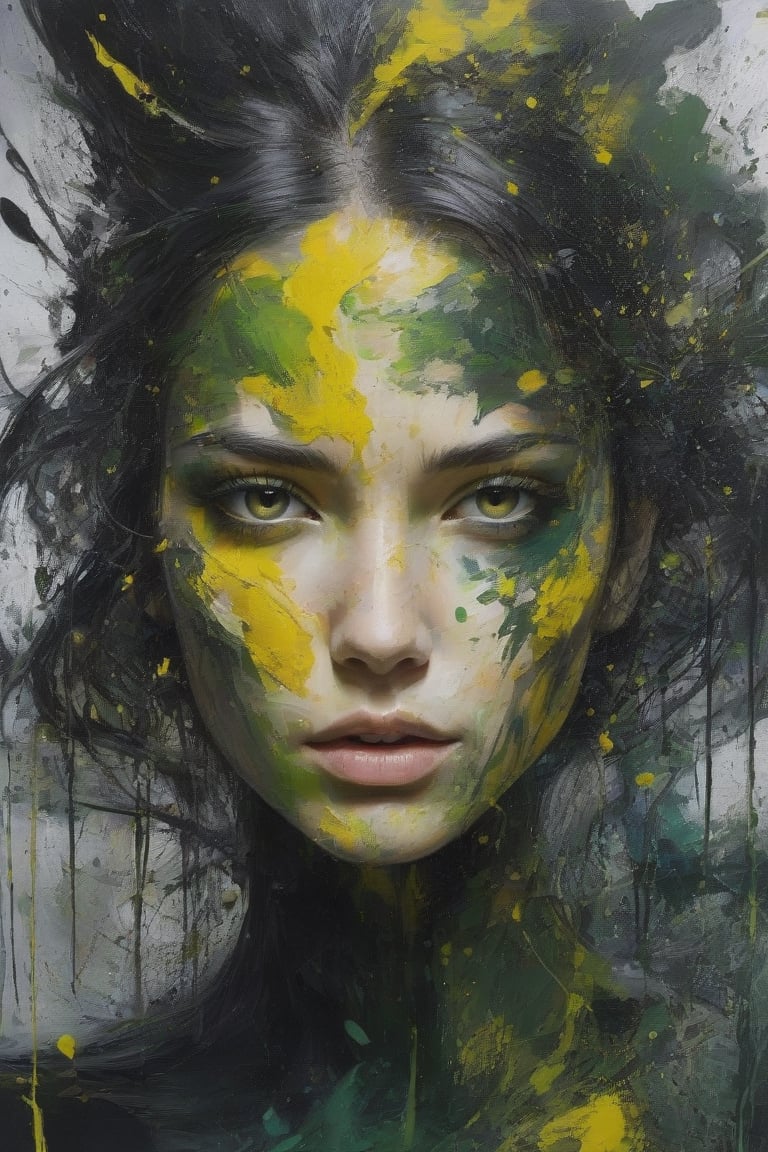 A mesmerizing abstract painting from Fedya's imagination that shows a fascinating combination of black, white, green and yellow paint splatters. The central focus is a strikingly beautiful female face that emerges from the dynamic movement of the paint, creating a sense of harmony amidst the chaos. Vibrant colors and energetic brush strokes contribute to a visually striking composition that commands the viewer's attention.