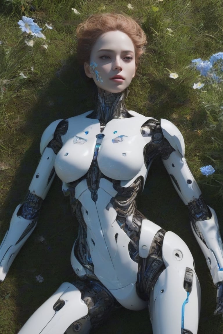 From top, cinematic angle shot, Rusty damaged full-body female humanoid robot. reclining in a flowery meadow. Floral plants growing all over her body. Human like dirty face, robotic body of white plating, black joints, blue accents, highlight mechanical construct, Video game concept art, cinematic high-grade quality render, detailed sci-fi concept design trending at ArtStation by WLOP, Artgerm, anatomically correct
