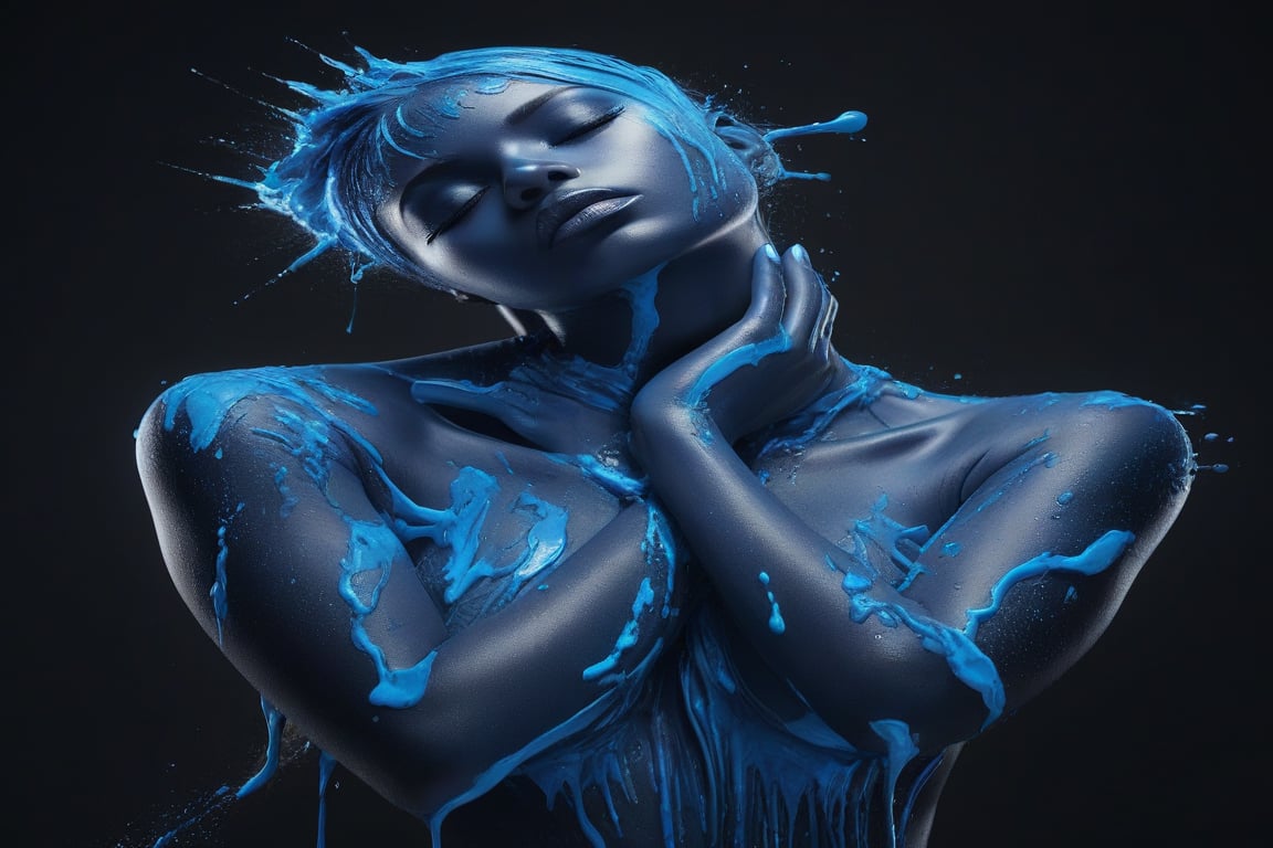 A mesmerizing and captivating image of a full-length female subject adorned with vibrant, glowing neon blue body paint, creating an artistic masterpiece. The paint looks splattered and dripping, giving the impression of a liquid or wet environment. With closed eyes and a serene expression, she radiates calmness, exuding a soothing aura. Her hand gently resting on her neck adds a touch of elegance, while the dark background contrasts perfectly with the glowing paint, allowing the subject to stand out with an otherworldly glow.

